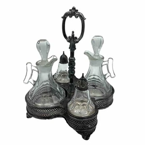 RARE VTG DOLLY MADISON Fostoria CLEAR Cruet Set w/SP Caddy 1939 - 1972 - Picture 1 of 11