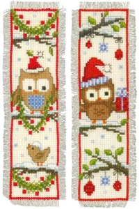 Vervaco Cross Stitch Bookmark Kit (Set of 2) Owls in Santa Hats  2.4" x 8" - Picture 1 of 5