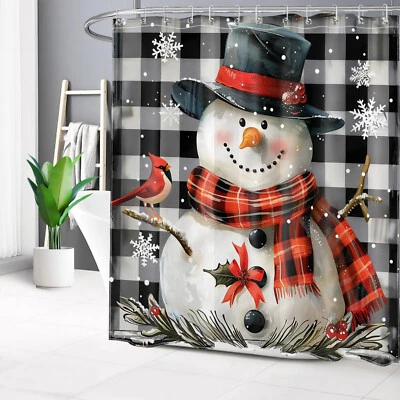Juego de Cortina de Ducha Muñeco de Nieve Navidad Cuadros Negro y Gris para Decoración de Baño Foto 1 de 4