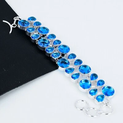 Svizzero Blu Topazio Gemma Artigianale 925 Argento Sterling Bracciale Regalo per - Immagine 1 di 4