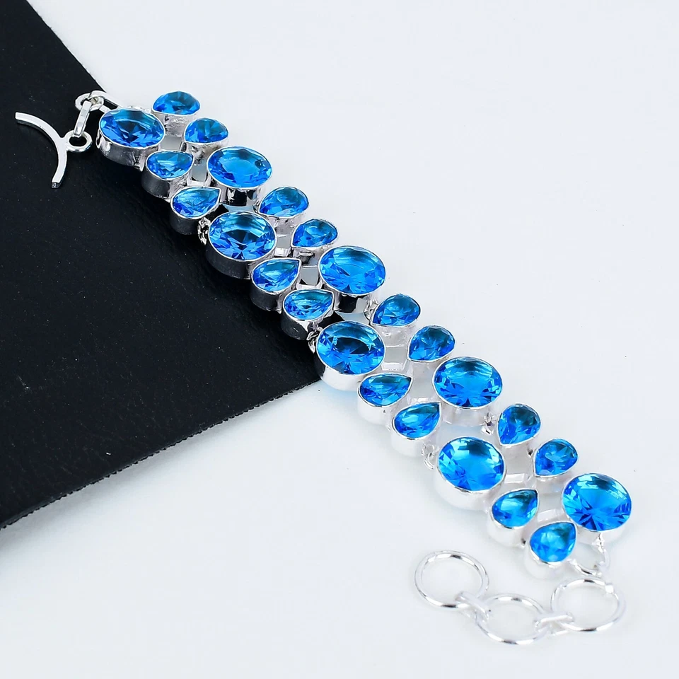 Swiss Blau Topas Edelstein Handgemacht 925 Sterling Silber Armband Gift für Her - Bild 1 von 4