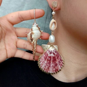 Natural Sea Shell White Rice Pearl Asymmetric Dangle Stud Earrings - Picture 1 of 8