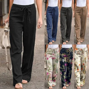 Hot Womens Cotton Linen Wide Leg Casual Loose Long Trousers Palazzo Pants Plus - Picture 1 of 33