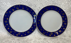 Set of 2 - Pottery Barn Blue Rim w/Gold Star 8.25" Salad Plate - Picture 1 of 7