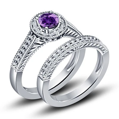 Anel de noivado de casamento de ametista redondo criado em laboratório 2 quilates ouro branco 14K FN - Imagem 1 de 2