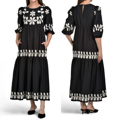 Maxi Vestido Caroline Constas Bordado Mezcla de Lino Manga Abullonada Negro-Crema talla 6 Foto 1 de 4