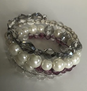 Bead on Wire Swirl Bracelet Cuff White Clear & Maroon Adjustable Slip-On - Picture 1 of 4