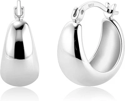 Sterling Silver Chunky Hoop Earrings for Women - Thick Huggie Wide Hoops - Image 1 of 4