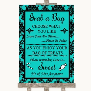 Turquoise Damask Grab A Bag Candy Buffet Cart Sweets Personalised Wedding Sign - Picture 1 of 8