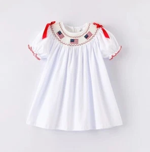 NEW Boutique 4th of July Girls Embroidered US Flag Smocked White Dress - Picture 1 of 12