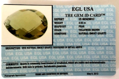 EGL USA CERTIFIED 3.55 CT PEAR YELLOWISH BROWN NATURAL SMOKEY QUARTZ  - Image 1 of 4
