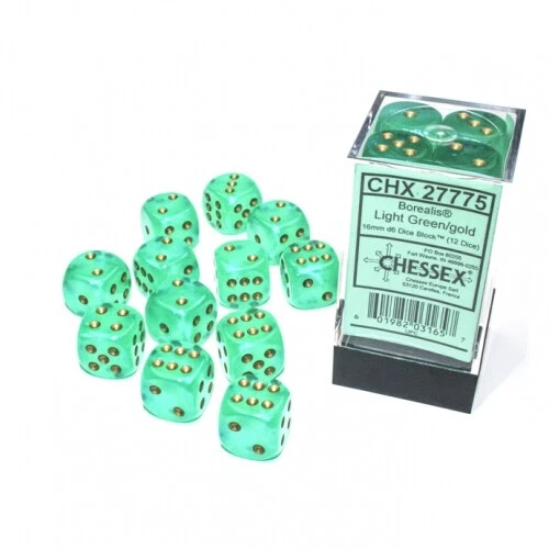 CHESSEX Würfel - 16mm - Borealis Light Green/gold LUMINARY (Würfelset 12 x W6) - leuchte