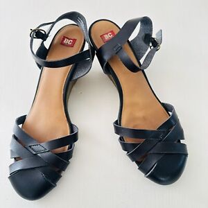 BC Footwear Strappy Black Wedges  Leather - Size 10