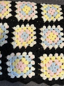 Vintage Afghan Granny Square Handmade Crochet Throw Blanket 52” x 65” Black - Picture 1 of 19