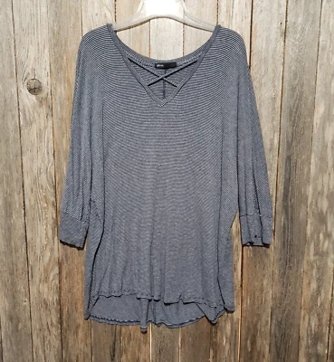 Gibson 1X Blue Striped Tunic Knit Tee Top Strappy  V Neck Stretch - Image 1 of 4