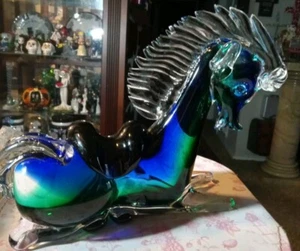 Vintage Murano Glass Large Horse Figurine Clear ,Cobalt Blue, & Green Beautiful  - Picture 1 of 23