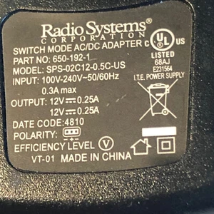 AC ADAPTER Radio Systems Mdl SPS-02C12-0.5C-US IN=100-240vac OUT=12vdc@0 - Picture 1 of 4