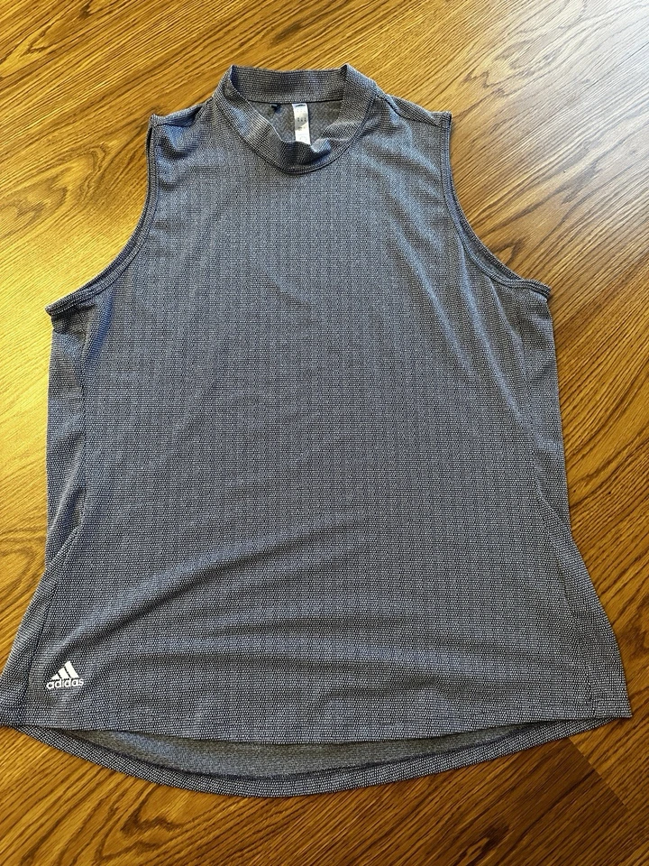 阿迪达斯女式 XL 模拟领高领 ess。 轻薄无袖上衣蓝色 — 第 1/3 张图片