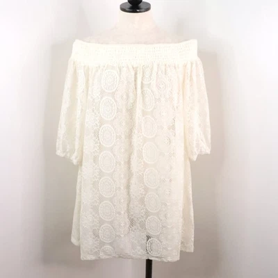 Blusa túnica para mujer Torrid 0 (12/L) marfil de encaje drapeada transparente con hombros descubiertos Foto 1 de 4