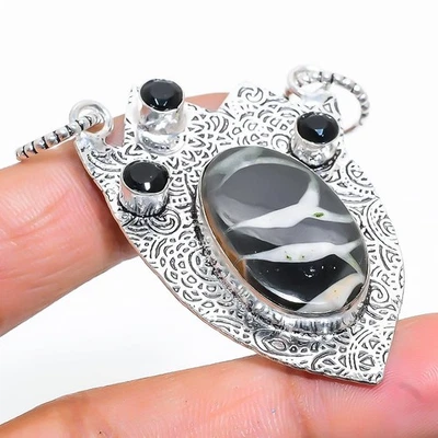 Fango Incrinarsi Fossil, Nero Spinello Gemma 925 Pendente Argento Sterling 5.7cm - Immagine 1 di 4