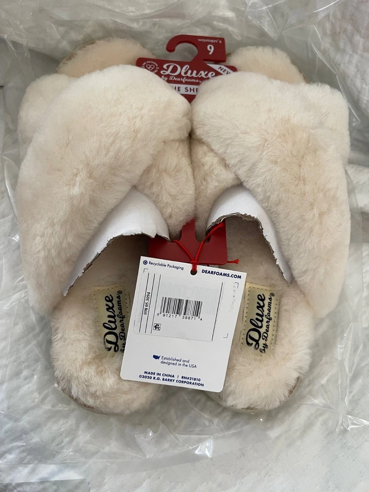 Dluxe by Dearfoam Cream Genuine Shearling Criss Cross Top Slide On Slippers - Image 1 of 4