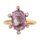 ANTIQUE VICTORIAN 14K* YELLOW GOLD CARVED AMETHYST CAMEO DIAMOND RING 6.5
