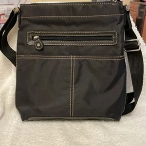 EUC Liz Claiborne Black Nylon Crossbody Bag with Tan Stitiching 9 x 9 x 1.5 - Picture 1 of 12