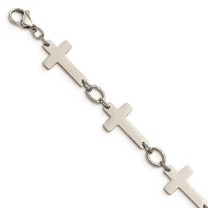 Stainless Steel Polished Sideways Cross 8in Bracelet - Picture 1 of 5
