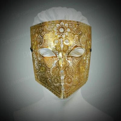 New Full Face Lace Metal Masquerade Mask Gold Masquerade Ball Halloween Mask - Image 1 of 3