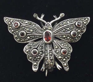925 Marcasite butterfly brooch with 7 amber bezel set stones - Picture 1 of 8