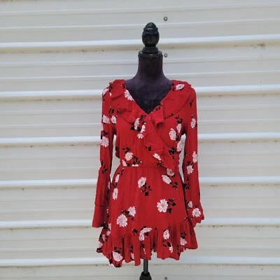 American Rag Long Sleeve Floral V Neck Ruffle Lined Dress Rayon Stretch Sz S - Image 1 of 4