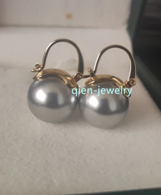 Huge AAA 14MM PERFECT Gray south sea round shell pearl earrings 14K GOLD MARKED - Image 1 of 4