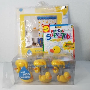 Yellow Ducky Shower Curtain, 12 Shower Hooks & 8 Bath Appliques Set Duck - Picture 1 of 8