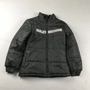 Harley Davidson Puffer Jacket Youth Medium Black Full Zip Filled Girls Biker - Picture 1 of 8