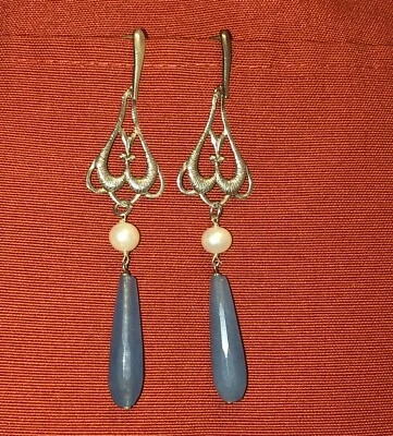 Orecchini Pendenti in Argento 925 con Perle e Goccia Calcedonio Sfaccettato 9 cm - Immagine 1 di 4