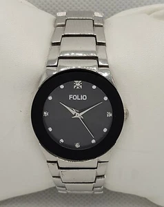 Ladies Folio Round Black Dial Silver Tone Case Link Bracelet Analog Watch J4 - Picture 1 of 8