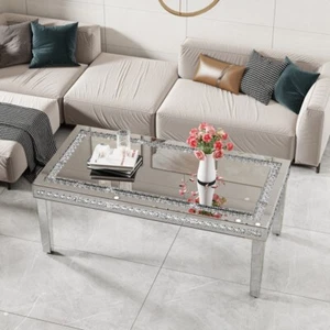 ARTLOGE Rectangular Mirrored Coffee Table High Gloss Diamond Inlay Furniture NEW - Picture 1 of 17