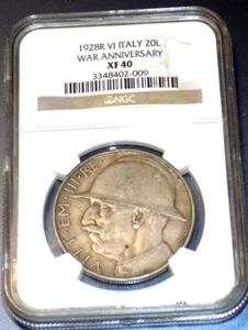 1928R Italy Vittorio Emanuele III 20 Lire NGC XF40 WW1 Anniversary Italian Coin - Picture 1 of 5