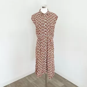 Trenery Shadow Ikat Printed Dress Womens Sz 10 White Brown Button Up Cap Sleeve - Picture 1 of 11