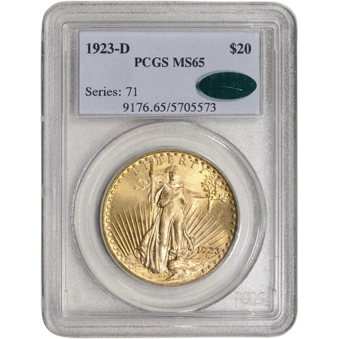 1923 D US Gold $20 Saint-Gaudens Double Eagle - PCGS MS65 CAC Verified Cover