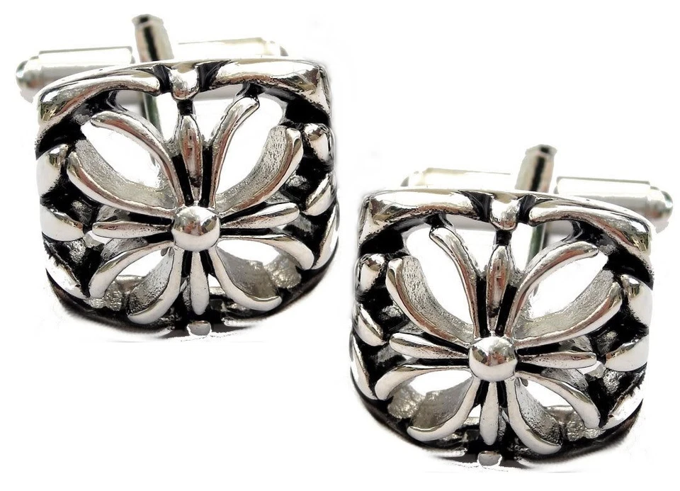 Argento Stile Vintage Intagliato Fiore Uomo Matrimonio Regalo Da Gemelli Diretta - Immagine 1 di 1