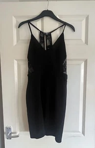 Boohoo Halter Neck Deep Plunge Open Back Tulle Lace Little Black Dress UK 10 - Picture 1 of 9