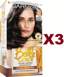 3 PZ GARNIER BELLE COLOR 80 NERO NATURALE COLORAZIONE IN CREMA PERMANENTE - Foto 1 di 2