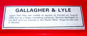 Gallagher And Lyle Kendal Gig Cancellation ORIG 1973 Press/Mag ADVERT 3.5"x 1" - Picture 1 of 3