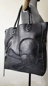 Roen Dark Cowhide Leather Tote Bag, Handbag, Shoulder Bag, Skull Rivet Design - Picture 1 of 5