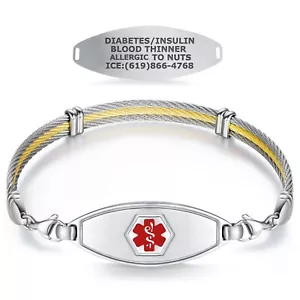 Bracciali Allarme Medico Divoti Personalizzati Incisi Acciaio Opaco con Catena Cavo Trio - Foto 1 di 16