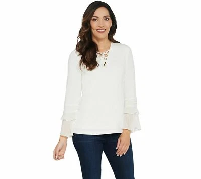 Susan Graver 1X Liquid Knit Lace-Up Top with Sheer Chiffon Cuff Ivory QVC 3435-Q - Image 1 of 3