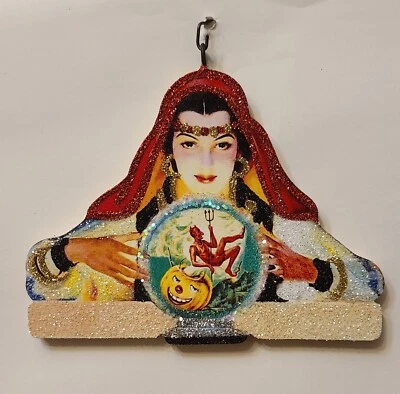 STROMBOLI'S WAGON FORTUNE TELLER w DEVILS in CRYSTAL BALL Glitter HALLOWEEN ORNAMENT * Vtg Img