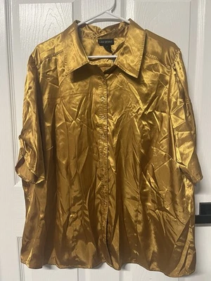 New women LANE BRYANT DESIGN& Gold SILK BUTTON DOWN BLOUSE SIZE 22/24 - Image 1 of 4