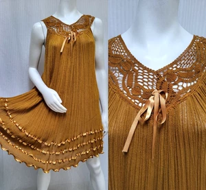 Vintage Gold Baumwolle Gaze Kleid mit Häkel & Satin Band Trim-Größe M/L-EUC - Bild 1 von 9